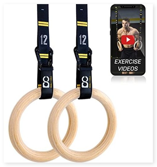 Double Circle Wood Gymnastics Rings with Quick Adjust Straps 2